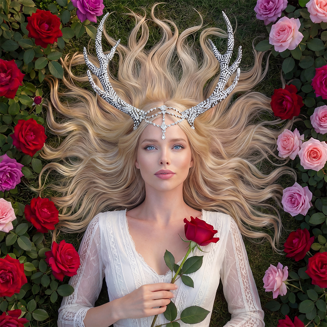 Love Lotuz dream pop artist portrait with roses and silver crown